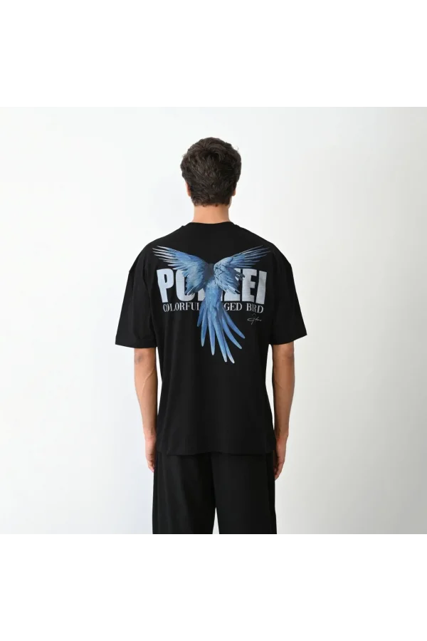 Unisex Bisiklet Yaka Baskılı Oversize T-Shirt - Siyah