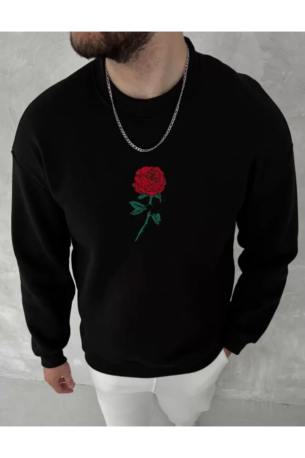 Unisex Bisiklet Yaka Ön Ve Arka Baskılı SweatShirt - Siyah