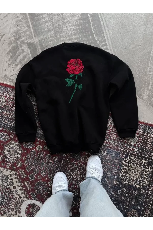Unisex Bisiklet Yaka Ön Ve Arka Baskılı SweatShirt - Siyah