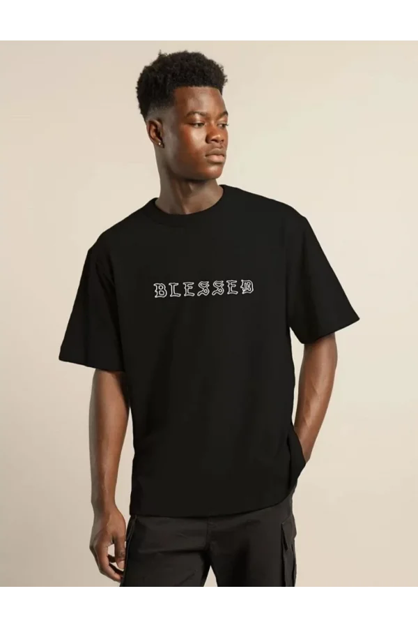 Unisex Bisiklet Yaka Oversize Baskılı T-Shirt - Siyah