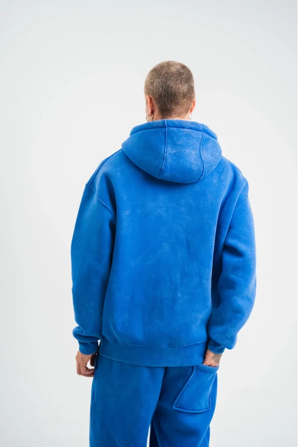 Unisex Double Oversize Kapşonlu Yıkamalı SweatShirt - Mavi