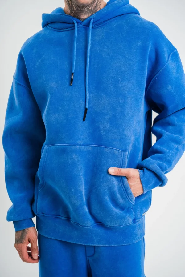 Unisex Double Oversize Kapşonlu Yıkamalı SweatShirt - Mavi