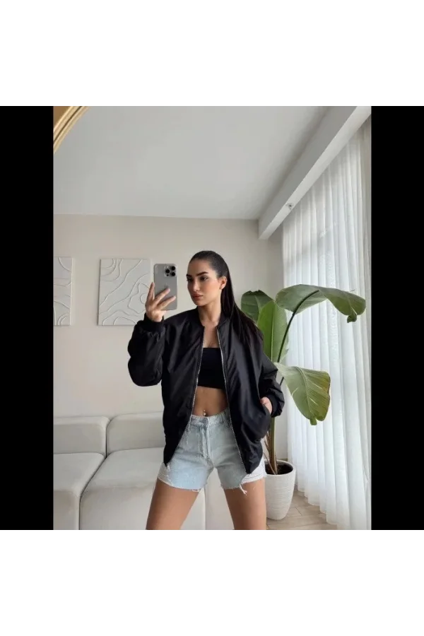 Unisex İçi Astarlı Düz Bomber Ceket - Siyah