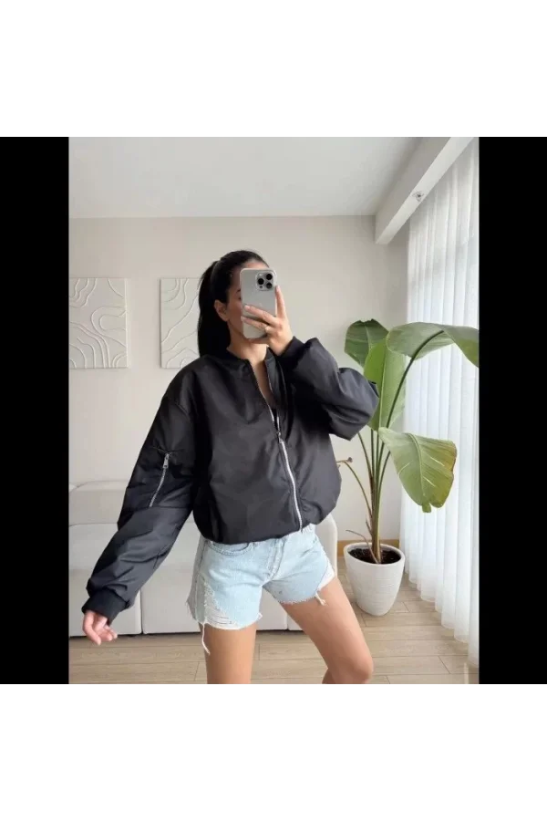 Unisex İçi Astarlı Düz Bomber Ceket - Siyah