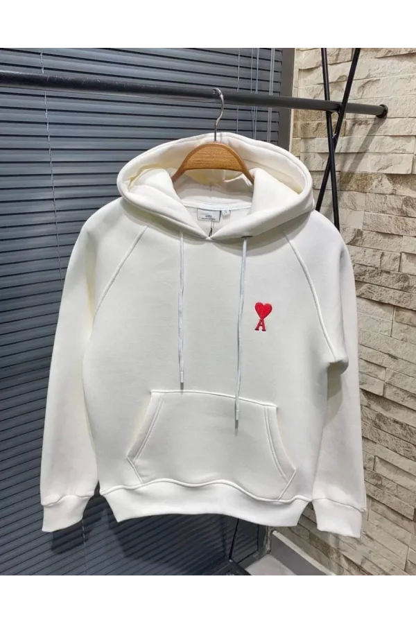 Unisex Kapşonlu Baskılı Sweetshirt - Beyaz