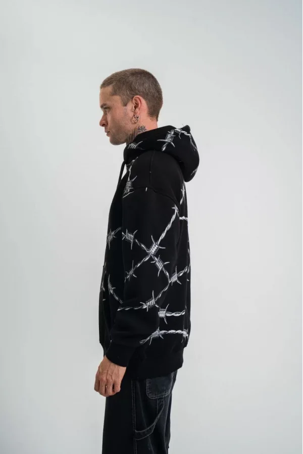 Unisex Kapşonlu Varak ve Pano Baskılı SweatShirt- Siyah