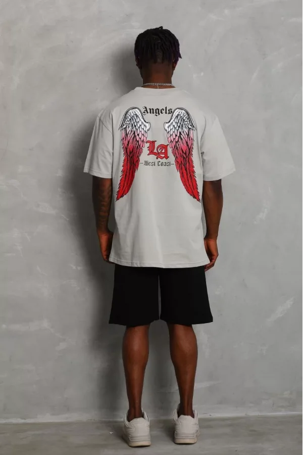 Unisex Oversize Baskılı Bisiklet Yaka T-Shirt - Gri