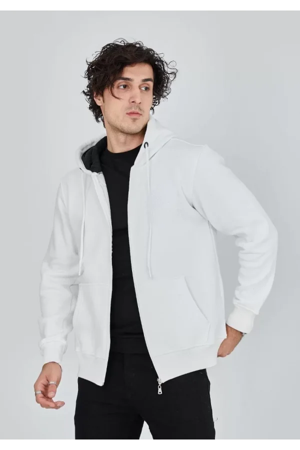 Unisex Tam Fermuarlı Kapşonlu  SweatShirt - Beyaz