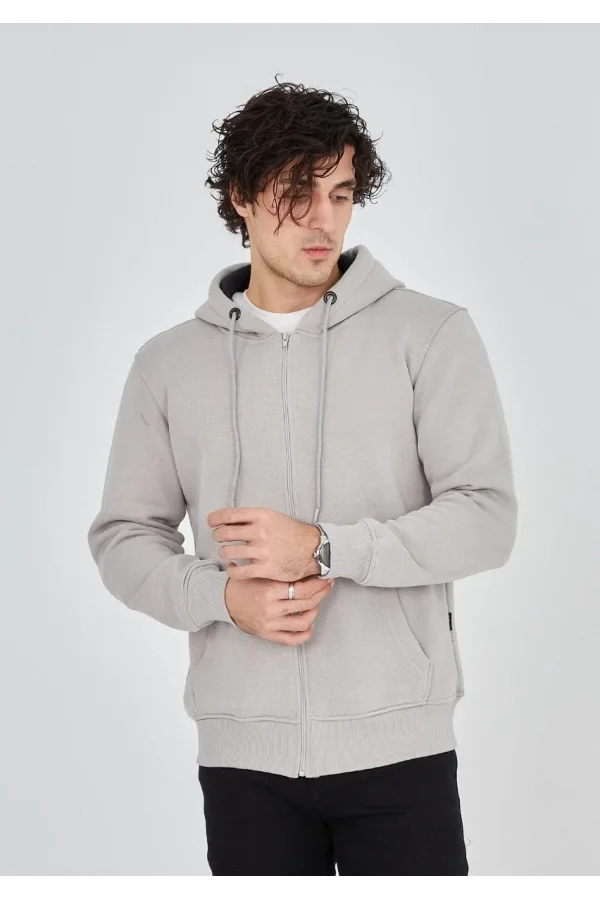 Unisex Tam Fermuarlı Kapşonlu  SweatShirt - Boyalı Gri