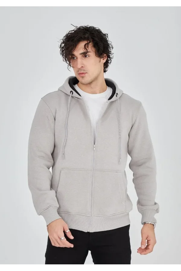 Unisex Tam Fermuarlı Kapşonlu  SweatShirt - Boyalı Gri