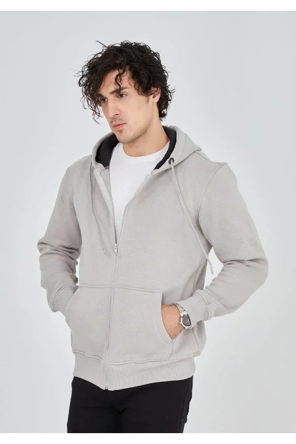 Unisex Tam Fermuarlı Kapşonlu  SweatShirt - Boyalı Gri