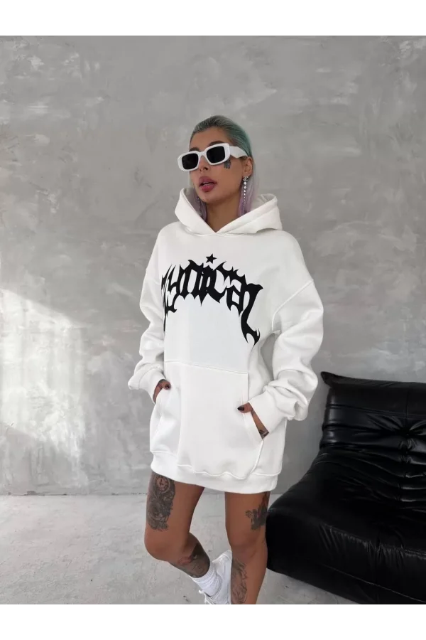 Unisex Üç İplik Kapüşonlu Baskılı SweatShirt - Beyaz