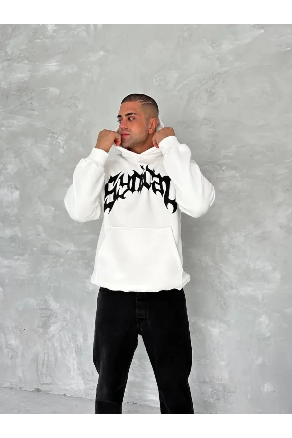 Unisex Üç İplik Kapüşonlu Baskılı SweatShirt - Beyaz
