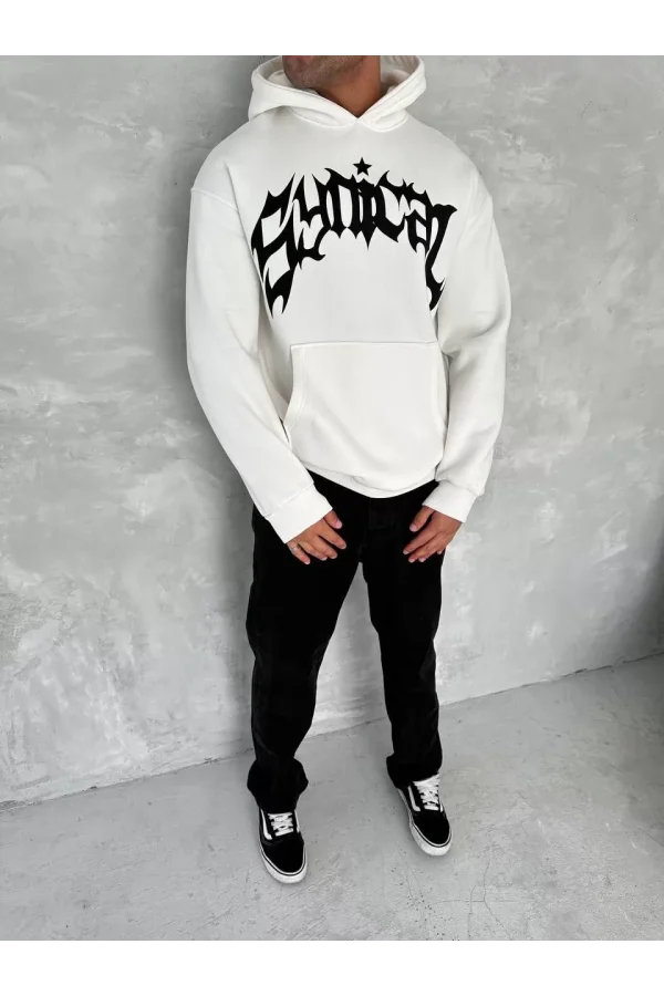 Unisex Üç İplik Kapüşonlu Baskılı SweatShirt - Beyaz