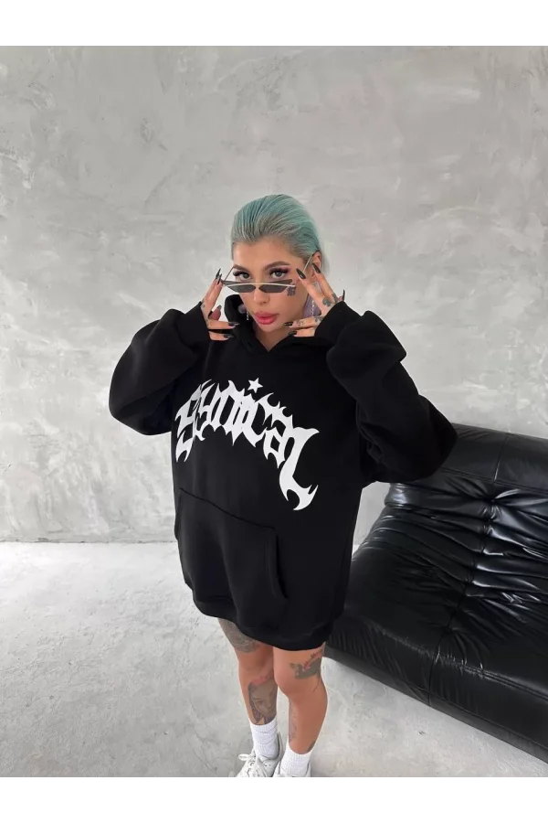 Unisex Üç İplik Kapüşonlu Baskılı SweatShirt - Siyah