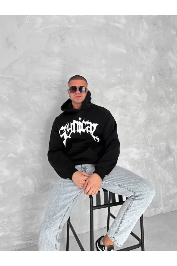 Unisex Üç İplik Kapüşonlu Baskılı SweatShirt - Siyah