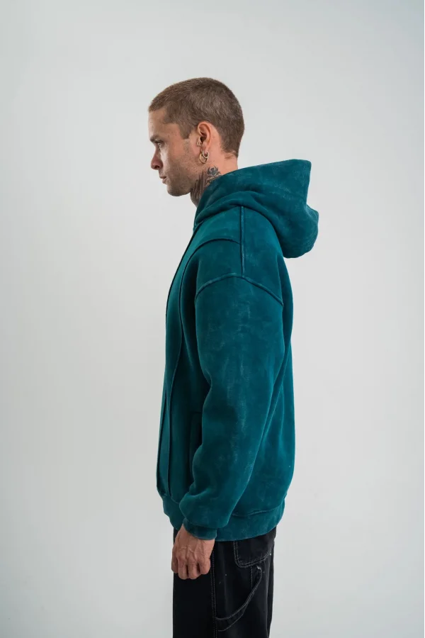 Unisex Uzun Kol Kapşonlu Yıkamalı Nakışlı SweatShirt - Koyu Deniz Yeşili