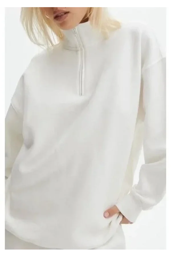 Unisex Uzun Kol Yarım Farmuarlı Yakalı Basic SweatShirt - Beyaz