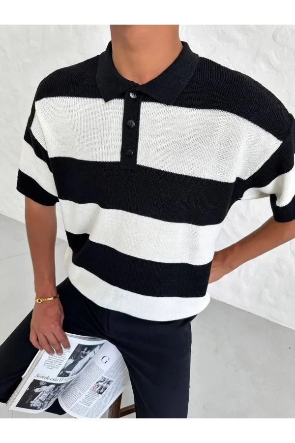 Unisex Yakalı Düğmeli Triko T-Shirt - Siyah