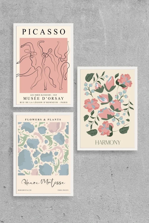 Ünlü Tablolar Üçlü Ahşap Çerçeveli Tablo