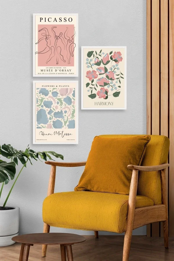 Ünlü Tablolar Üçlü Ahşap Çerçeveli Tablo