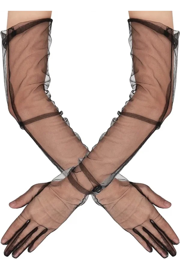 Uzun Boy Likralı Siyah Yetişkin Mega Tül Eldiven