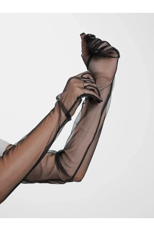 Uzun Boy Likralı Siyah Yetişkin Mega Tül Eldiven