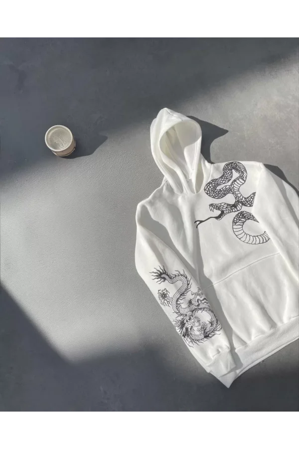 Uzun Kol Kapüşonlu Baskılı SweatShirt - Beyaz
