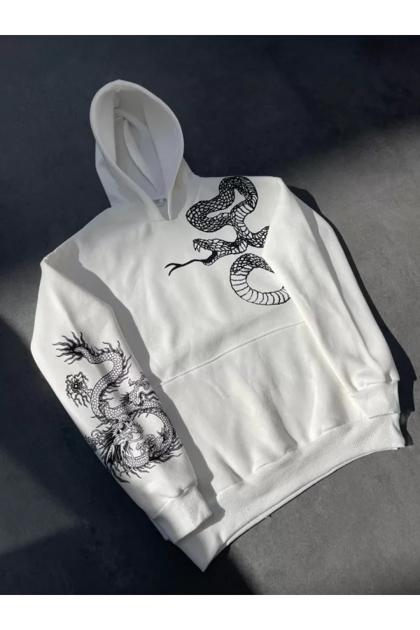 Uzun Kol Kapüşonlu Baskılı SweatShirt - Beyaz