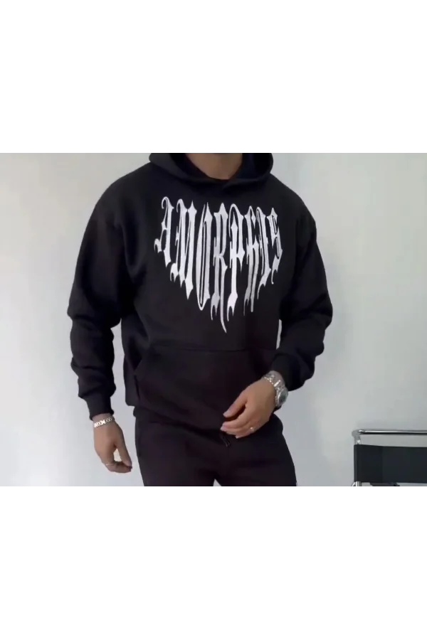 Uzun Kol Kapüşonlu Baskılı SweatShirt - Siyah
