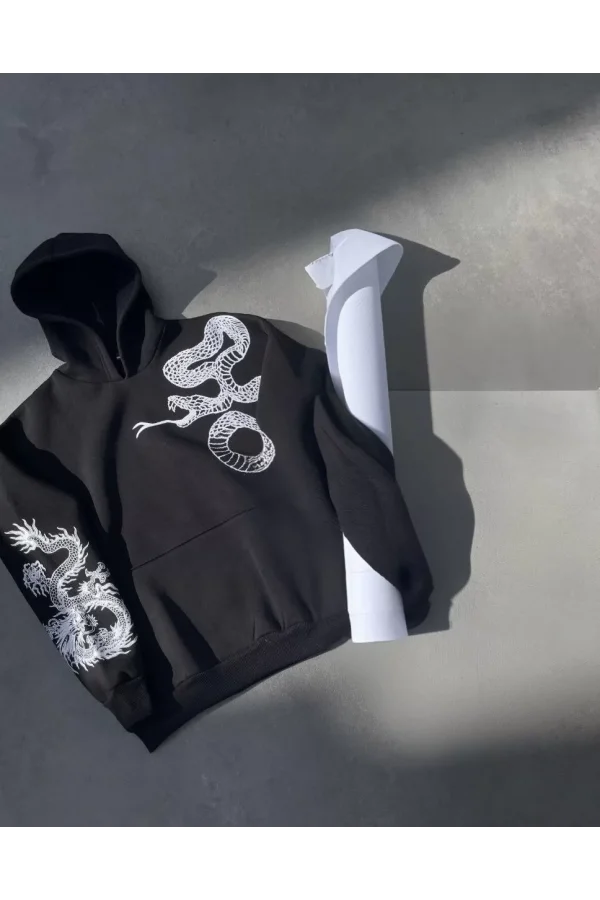 Uzun Kol Kapüşonlu Baskılı SweatShirt - Siyah