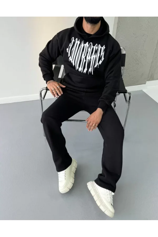 Uzun Kol Kapüşonlu Baskılı SweatShirt - Siyah