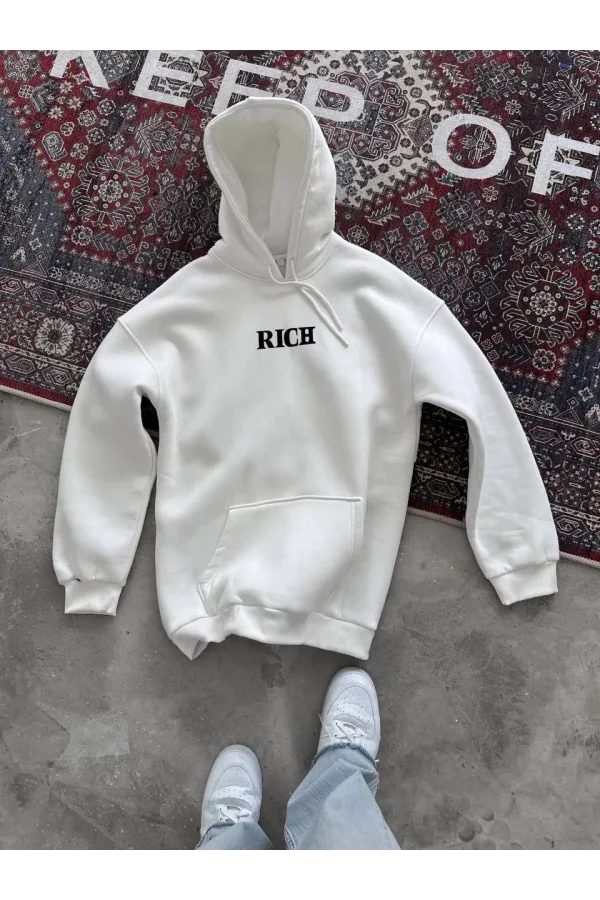 Uzun Kol Kapüşonlu Göğüs Baskılı SweatShirt - Beyaz