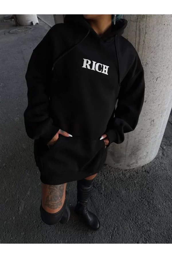 Uzun Kol Kapüşonlu Göğüs Baskılı SweatShirt - Siyah