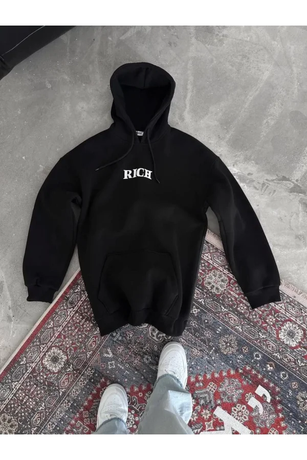 Uzun Kol Kapüşonlu Göğüs Baskılı SweatShirt - Siyah