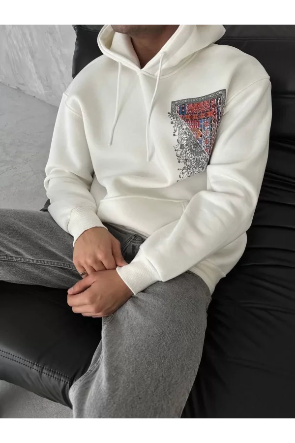 Uzun Kol Kapüşonlu Ön Ve Arka Baskılı SweatShirt - Beyaz