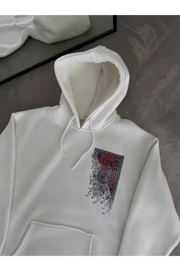 Uzun Kol Kapüşonlu Ön Ve Arka Baskılı SweatShirt - Beyaz