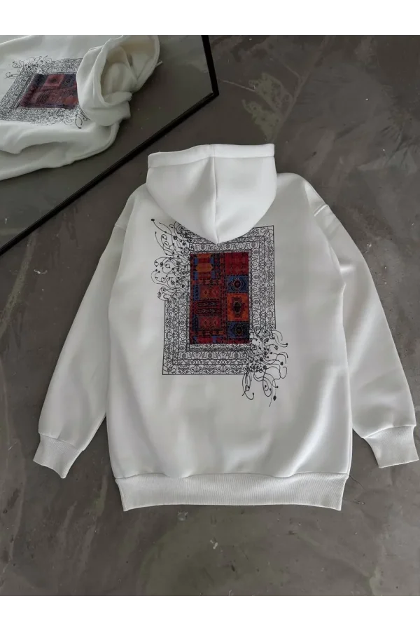 Uzun Kol Kapüşonlu Ön Ve Arka Baskılı SweatShirt - Beyaz