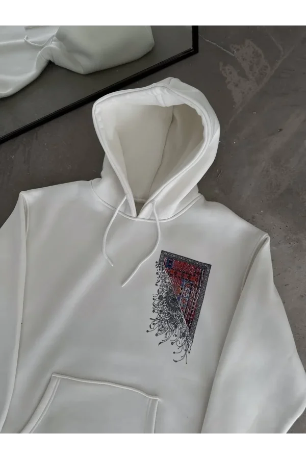 Uzun Kol Kapüşonlu Ön Ve Arka Baskılı SweatShirt - Beyaz