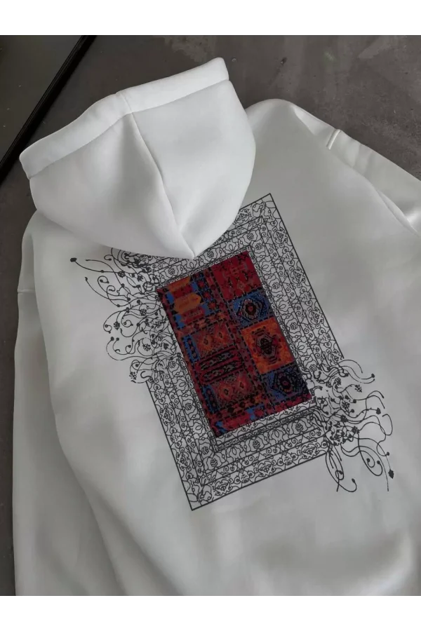 Uzun Kol Kapüşonlu Ön Ve Arka Baskılı SweatShirt - Beyaz