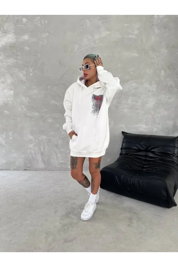 Uzun Kol Kapüşonlu Ön Ve Arka Baskılı SweatShirt - Beyaz