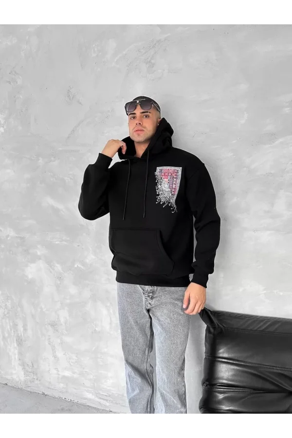Uzun Kol Kapüşonlu Ön Ve Arka Baskılı SweatShirt - Siyah
