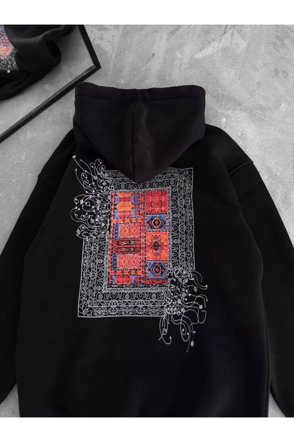 Uzun Kol Kapüşonlu Ön Ve Arka Baskılı SweatShirt - Siyah