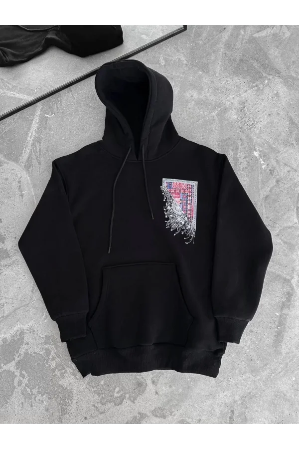 Uzun Kol Kapüşonlu Ön Ve Arka Baskılı SweatShirt - Siyah