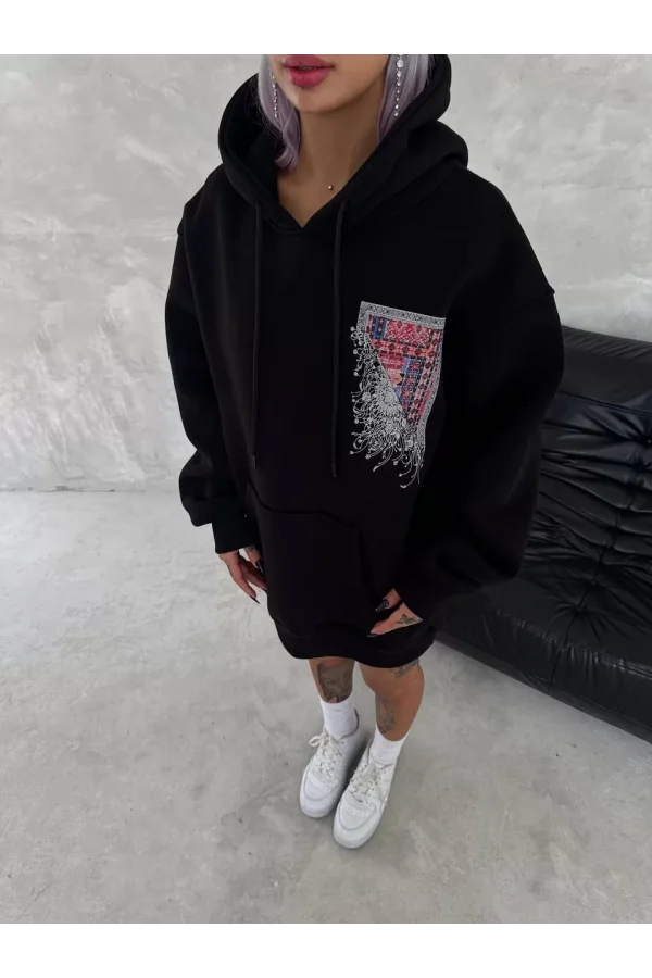Uzun Kol Kapüşonlu Ön Ve Arka Baskılı SweatShirt - Siyah