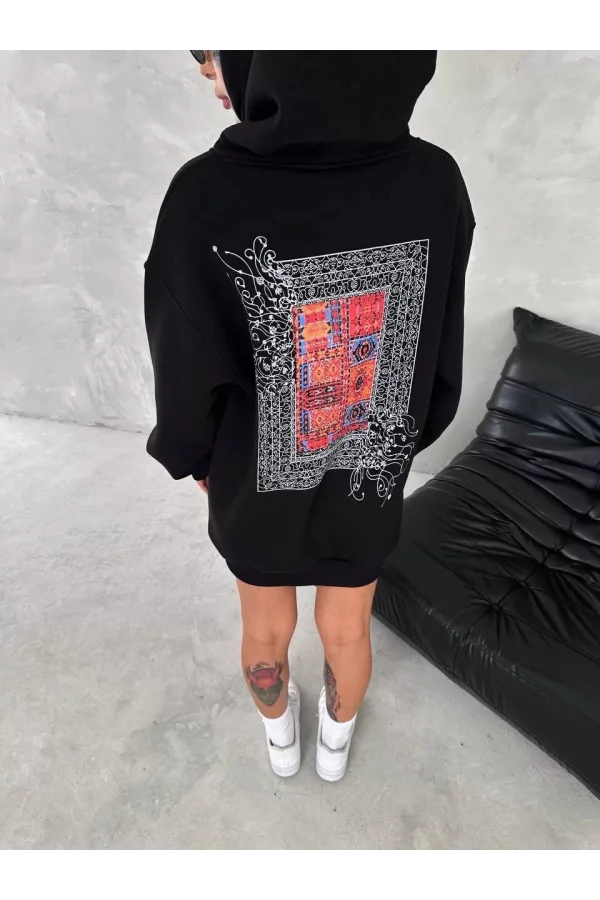 Uzun Kol Kapüşonlu Ön Ve Arka Baskılı SweatShirt - Siyah