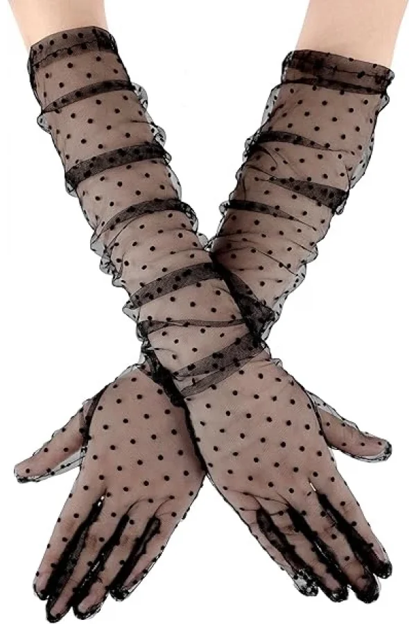 Uzun Siyah Puantiyeli Yetişkin Tül Eldiven