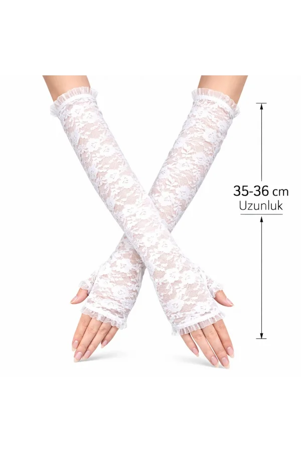 Uzun Zarif Dantel Eldiven Parmaksız Beyaz