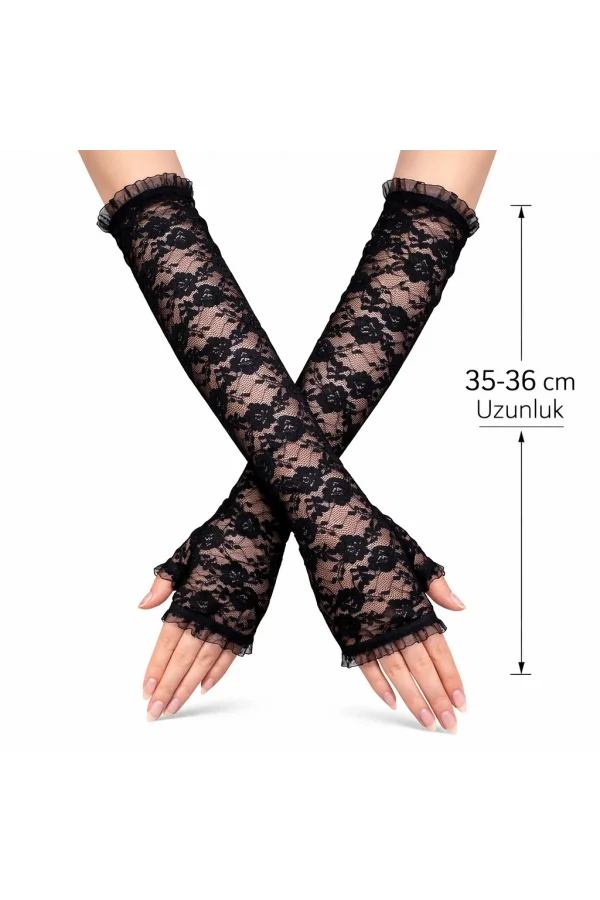Uzun Zarif Dantel Eldiven Parmaksız Siyah
