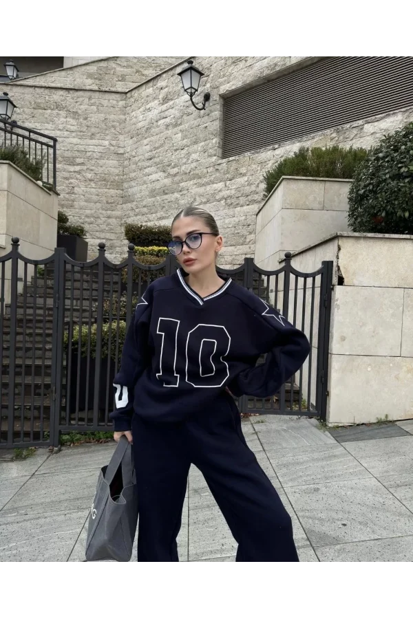 V Yaka Üç İplik Sweat Takım - Siyah